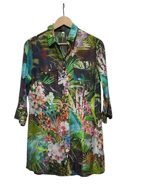 Cotton/Silk Blend Tropical Floral Button-Up Shirt / Minidress